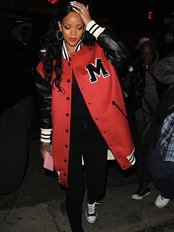 Rihanna in Varsity Jacket, Puma Sneakers and a Bright Red Louis