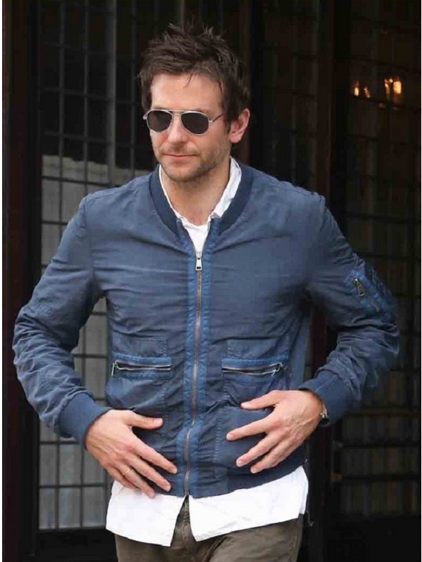 American Actor Bradley Cooper Blue Satin Fabric Jacket